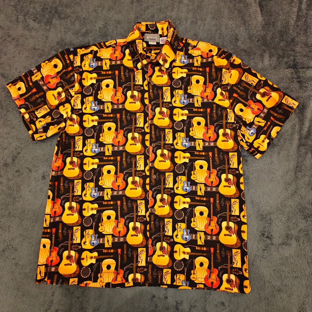High Seas Trading Co Mens Guitar Print Button Down Shirt Made in USA Large Black